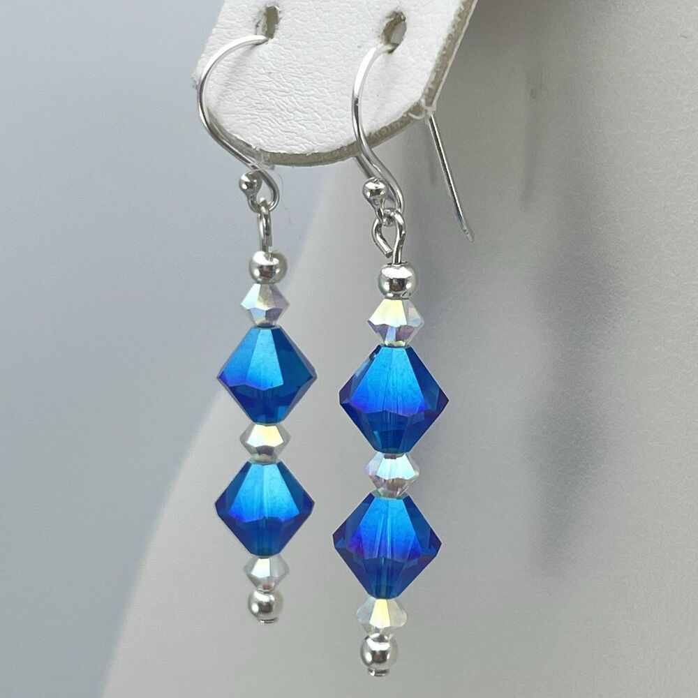 Made With Swarovski Crystal Teal Blue White AB Beaded Sterling Silver Earrings